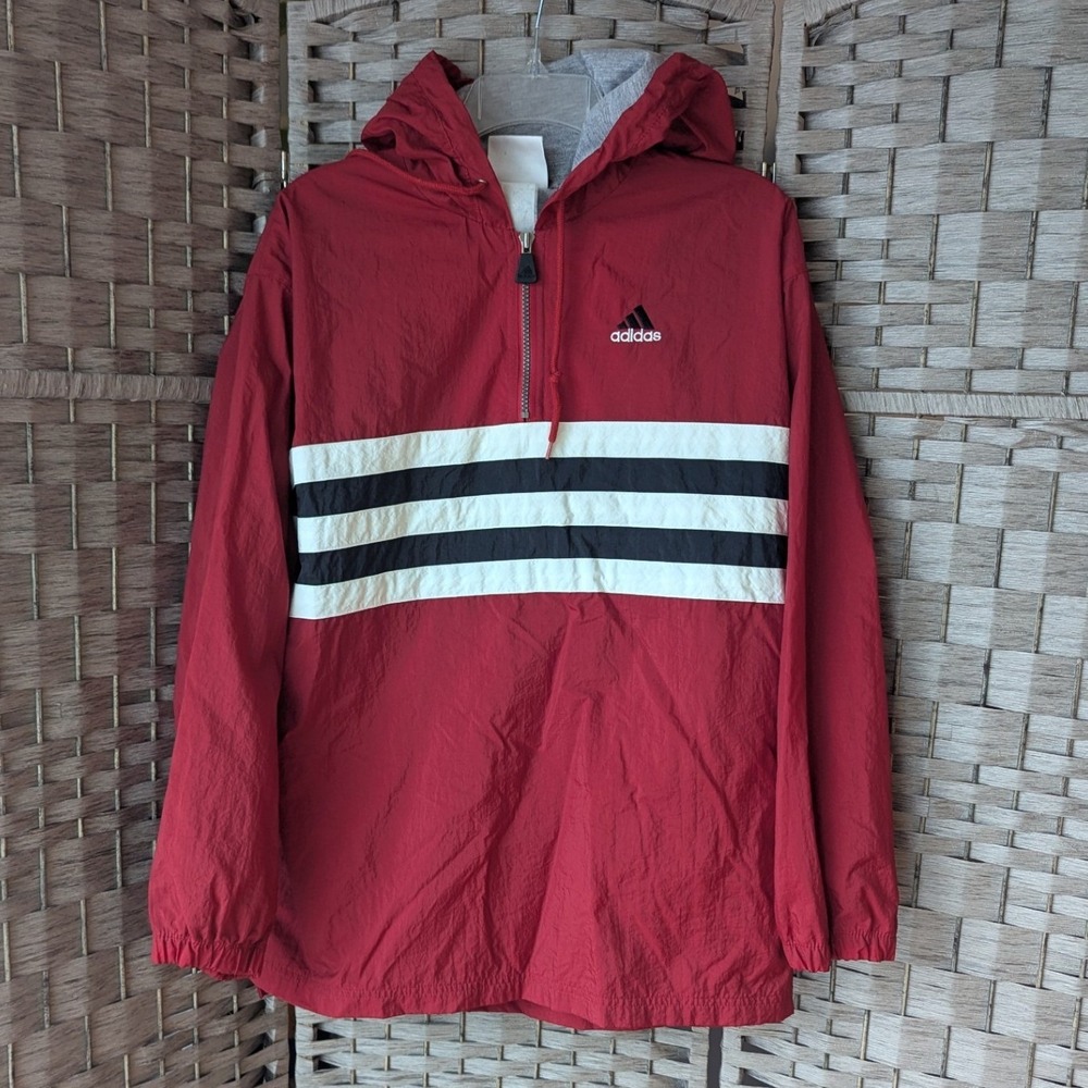 Vtg 90s Adidas Windbreaker Red Navy White Stripe Qtr Zip Hooded Jacket Mens Med